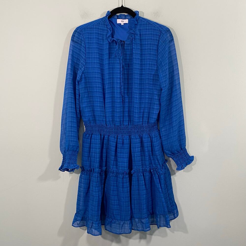 NSR Women Blue Gingham Ruched Long Sleeve Boho Dress Size L